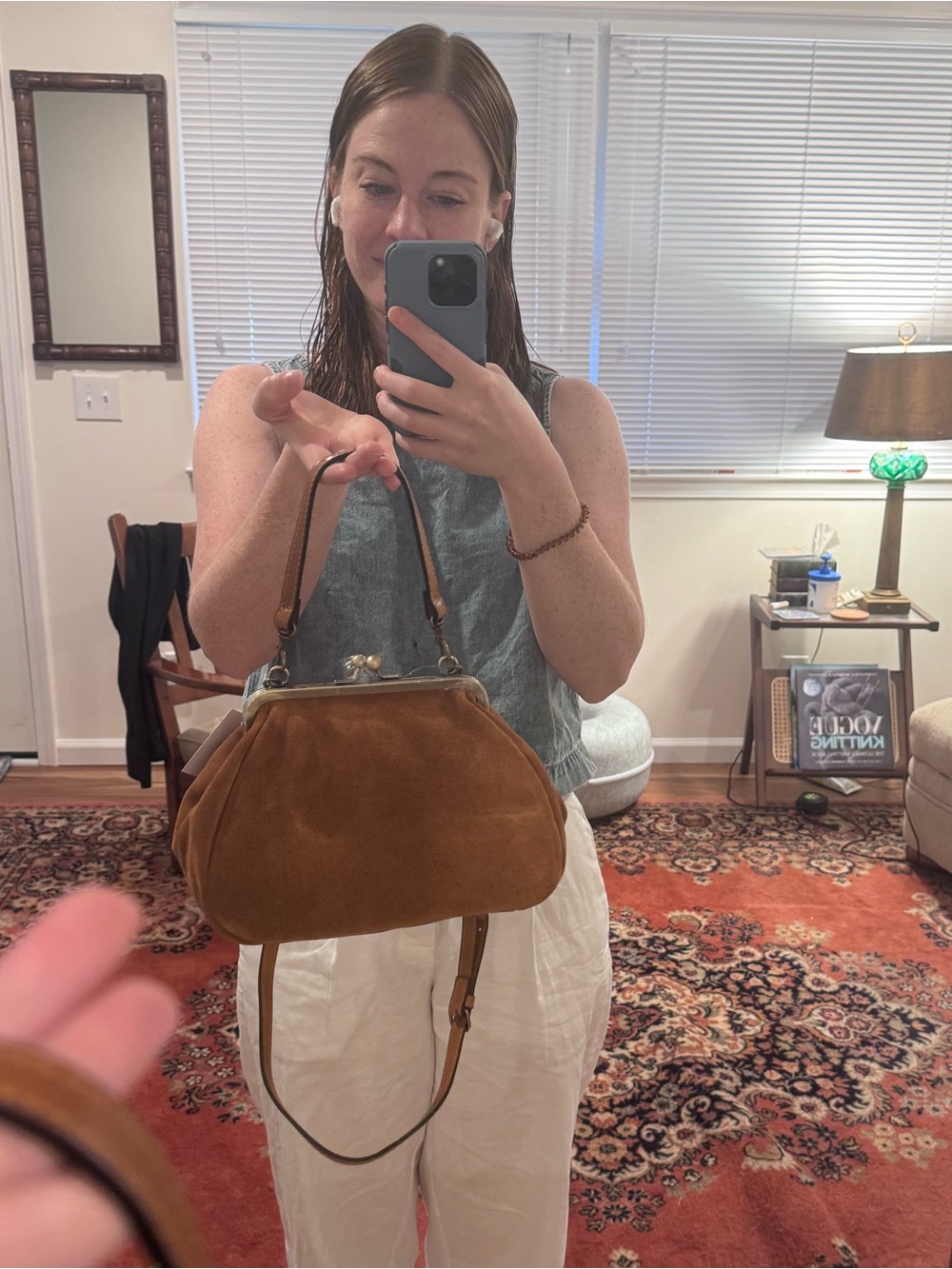 Suede Kiss-Lock Patricia Nash Crossbody Bag in Caramel - Picture 5 of 11